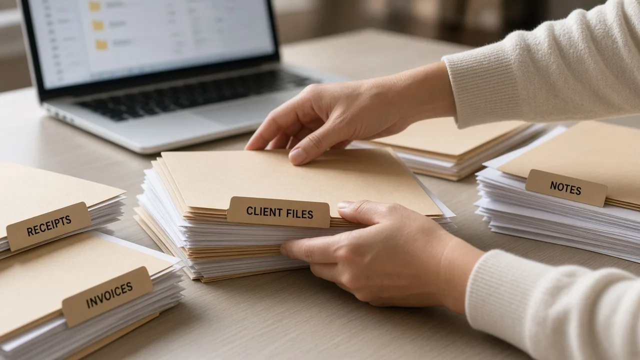 Hands sorting labeled folders for receipts, invoices, and client files.
