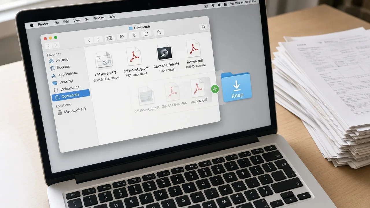 A laptop Downloads window with a few files beside a stack of papers on the desk.