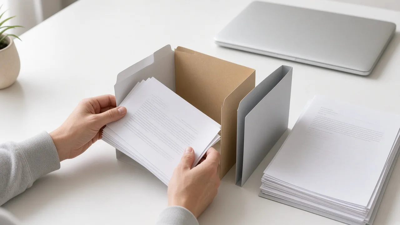 Hands sorting printed pages into standing folders, with a closed laptop at the back of the desk.