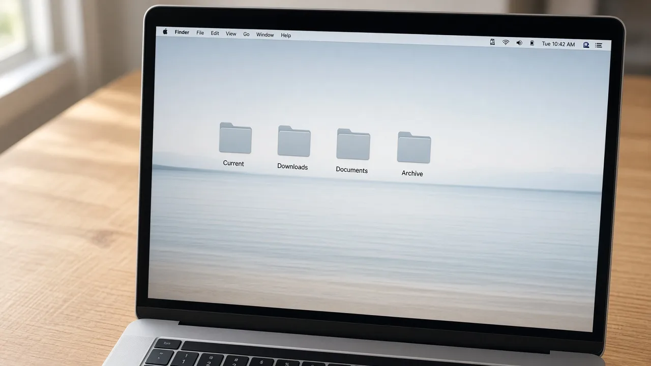 A laptop desktop with four folders: Current, Downloads, Documents, and Archive.