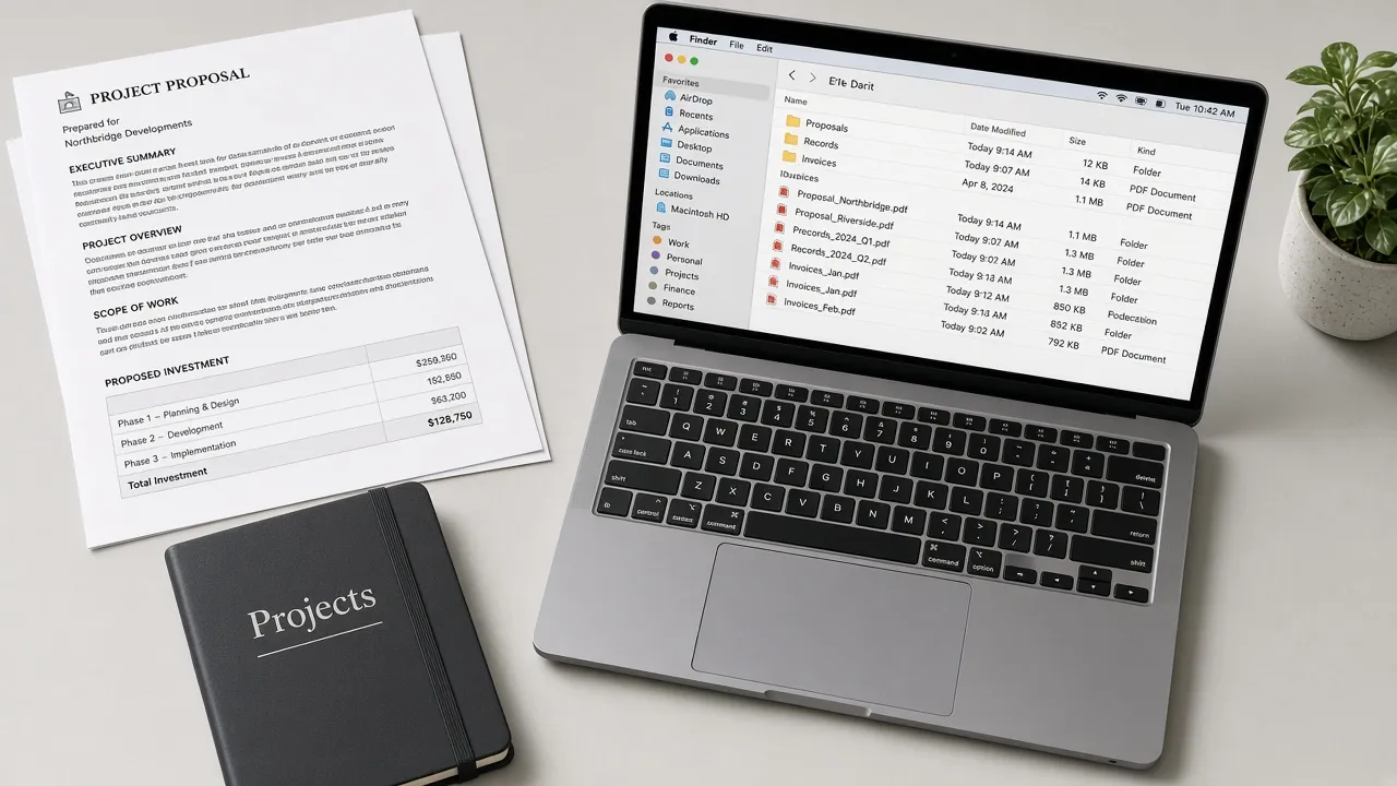 Printed project documents beside a laptop showing proposal and invoice folders.