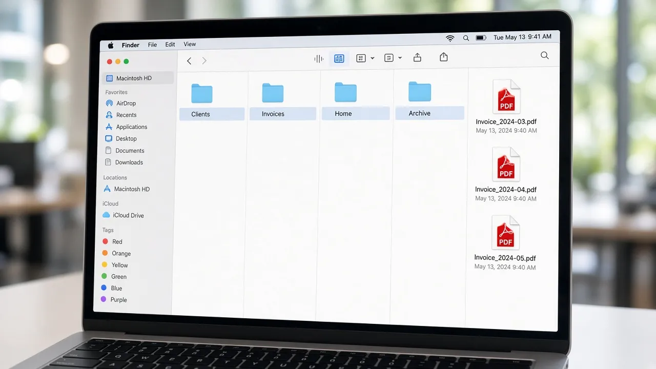Finder columns with folders for Clients, Invoices, Home, and Archive.