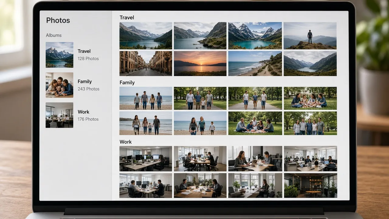 A laptop showing photo albums grouped into Travel, Family, and Work.