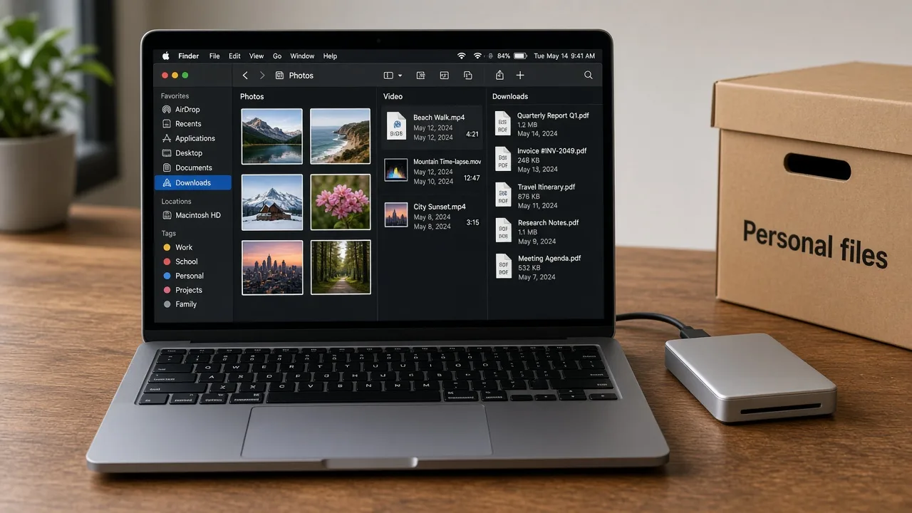 A laptop reviewing photos, videos, and downloads beside an external drive and an archive box.