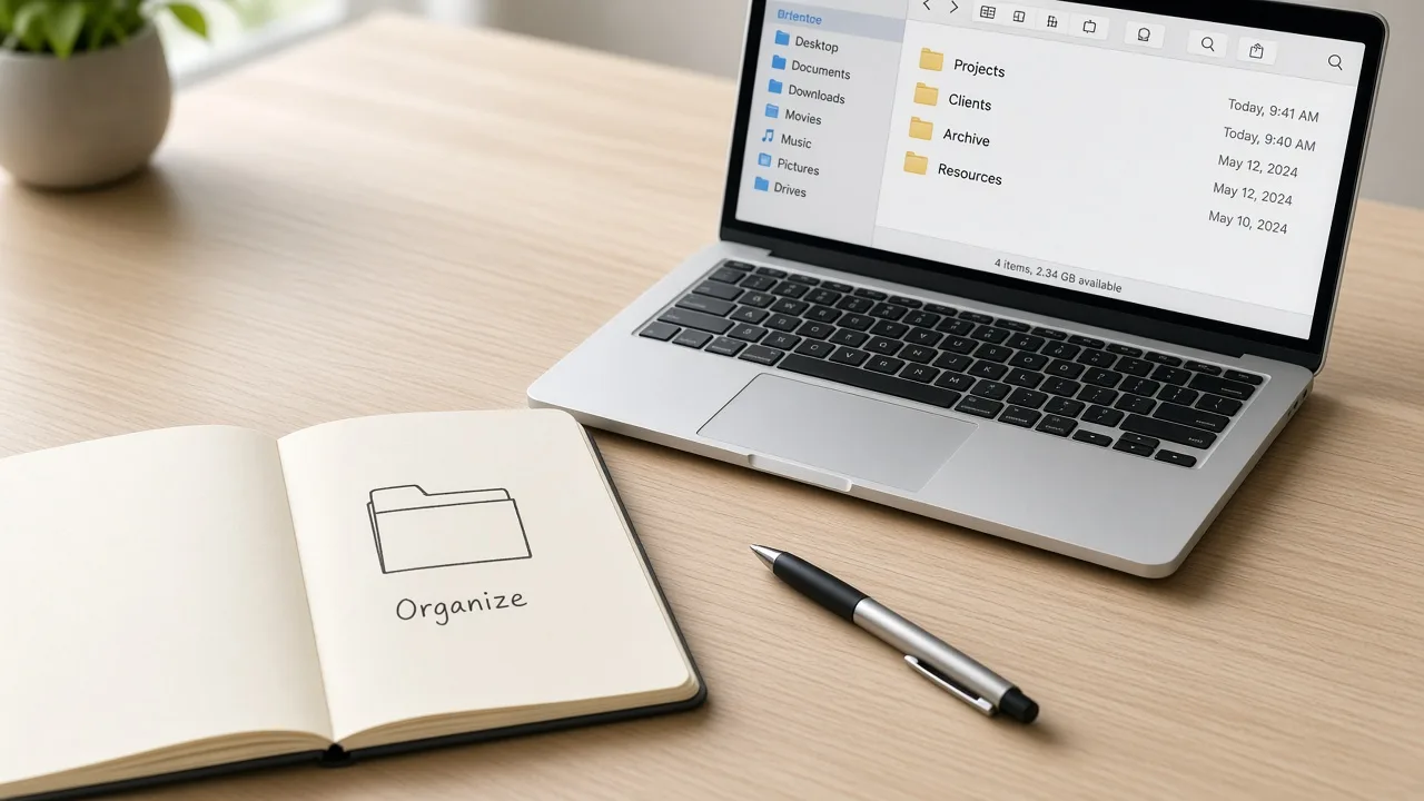 A notebook and pen beside a laptop showing project, client, and archive folders.